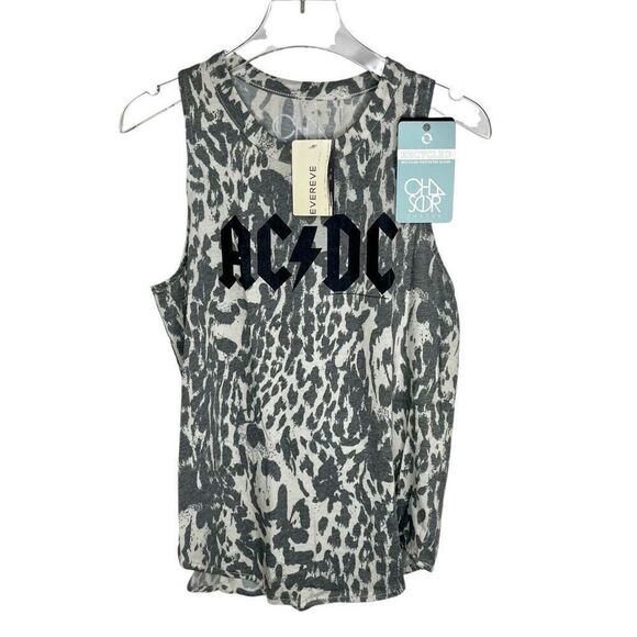New Chaser AC/DC Band Logo Tank Leopard Cheetah Print Women XSmall White Gray Xs - Picture 2 of 8